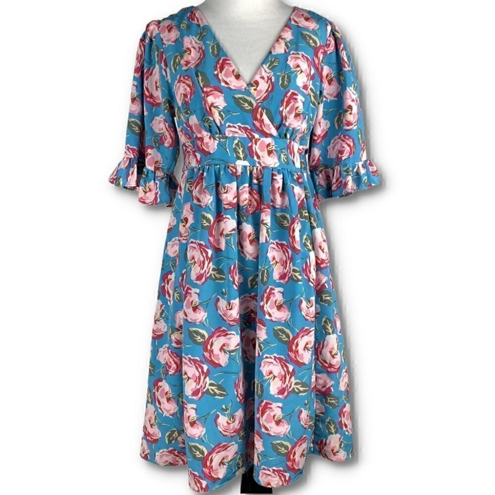 Betsey Johnson Aqua Bell Sleeve Multicolored Floral V-Neck Preppy Resort